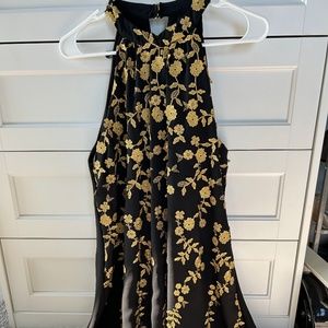 Black Mini Dress with Sewn Gold Floral Detail and High Neck